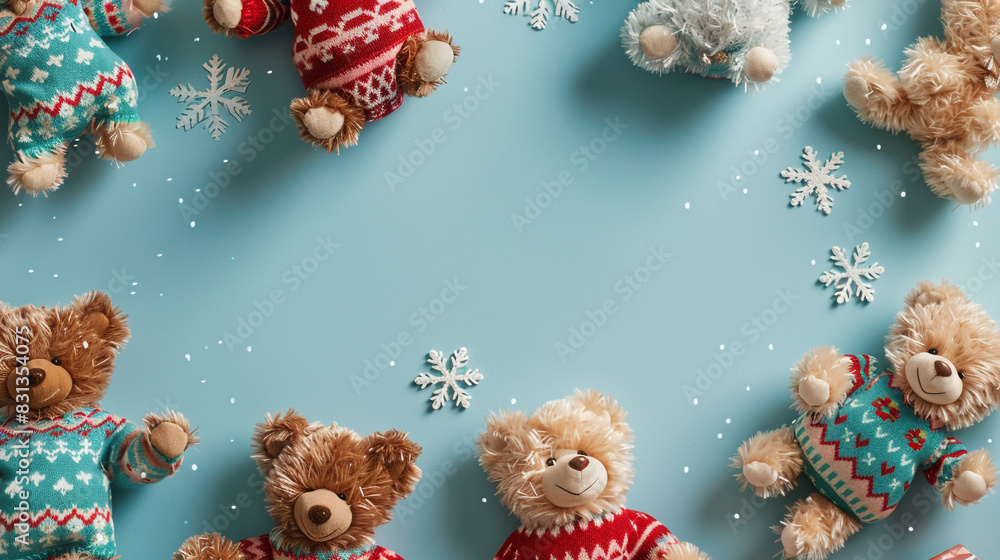 Baby kids toy frame background with a mix of cuddly cocoa and apricot teddy bears, all in colorful Christmas sweaters adorned 
