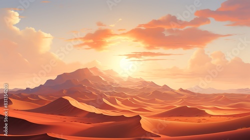 Stunning sunset over a vast desert landscape with rolling sand dunes and distant mountains.