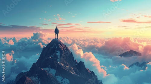 An illustration of a business leader standing on a mountain peak, looking out over a vast landscape, representing vision and strategic planning.