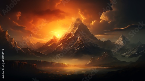 Fiery sunset over majestic mountain peaks and a still lake.