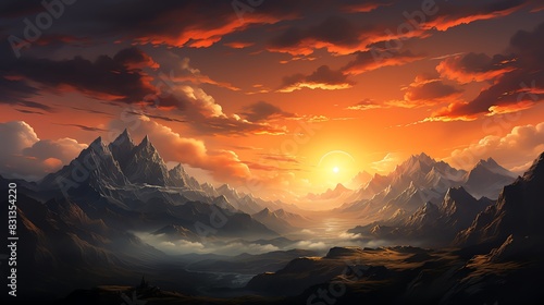 Epic mountain range sunset with dramatic clouds.
