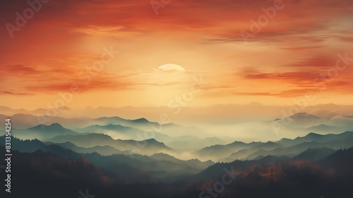 Photography of layered mountain silhouettes against a vibrant sunset sky, capturing the deep oranges and reds fading into dusky blues