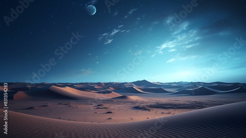 Photography of dark sand dunes under a clear night sky, capturing the sleek, reflective surfaces of the dunes contrasted against a backdrop of twinkling stars