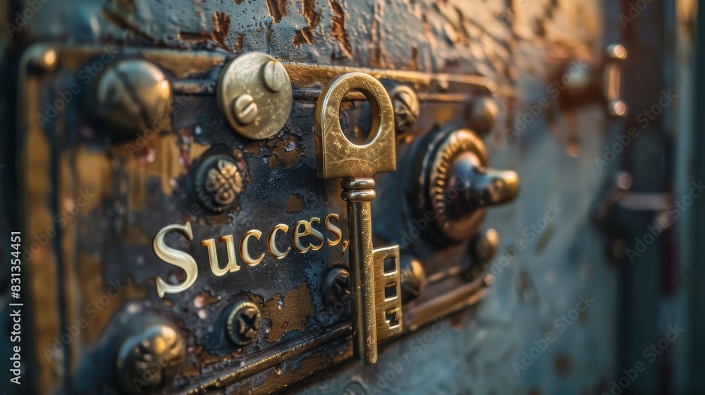 An illustration of a golden key unlocking a door labeled An illustration of a golden key unlocking a door labeled