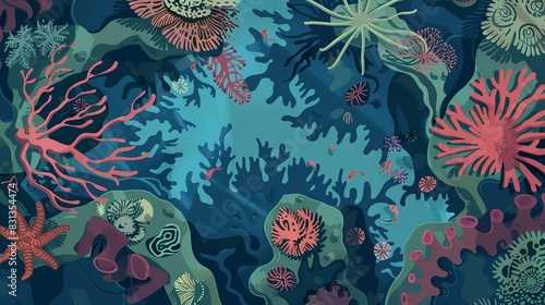 Fototapeta Naklejka Na Ścianę i Meble -  Enchanted coral reef restoration flat design top view, eco-fantasy, cartoon drawing, complementary color scheme 