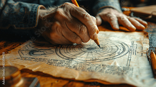 Closeup of Leonardo da Vinci Drawing Geometric Shapes on Parchment

 photo