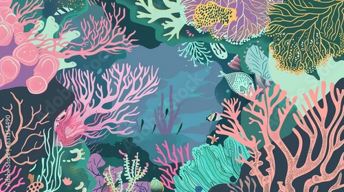 Fototapeta Naklejka Na Ścianę i Meble -  Enchanted coral reef restoration flat design top view, eco-fantasy, cartoon drawing, complementary color scheme 