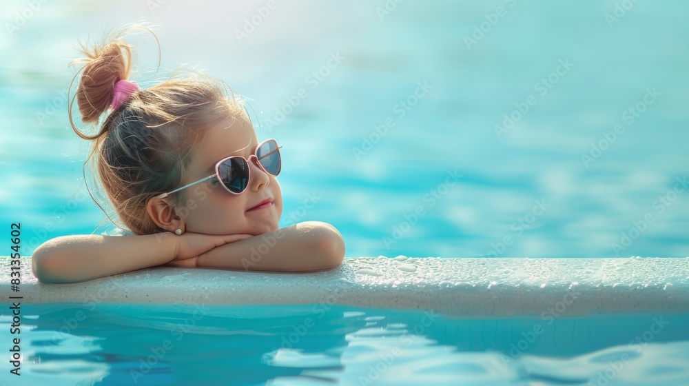 Happy little girl in sunglasses relaxing on the edge of a swimming pool, copy space with a blue water background. Summer child portrait