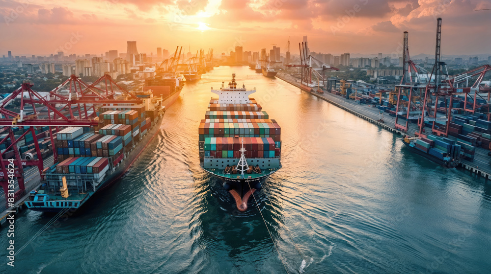 Cargo ship entering port at sunset Cargo ship entering port at sunset