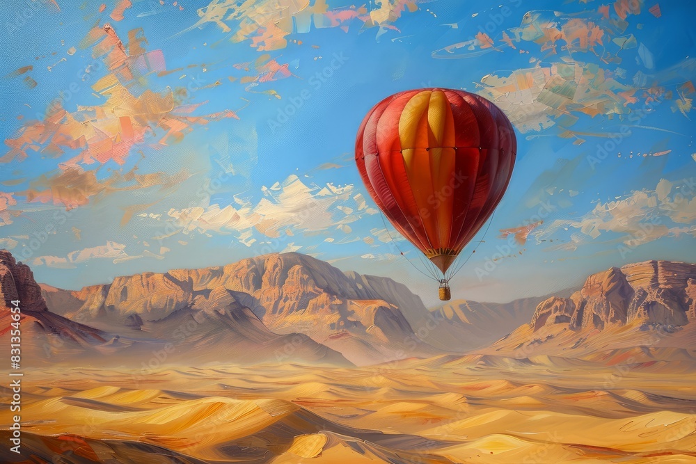 Obraz premium Tranquil scene with a vibrant hot air balloon floating over an expansive desert under a painterly sky