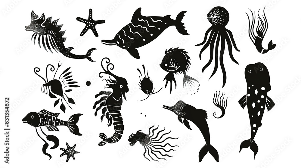Naklejka premium Enchanted sea creatures flat design side view fantasy theme water color black and white 