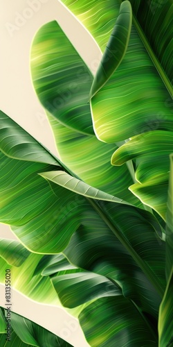 Minimalist poster design, green banana leaves on white background, nature, ecology, empty space. photo
