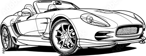 Abstract retro sports car in black and white ink drawing style, adult coloring book