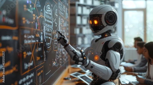 a friendly, humanoid robot teacher pointing at a smart board filled with animated infographics, while students engage using tablets and smart notebooks. © THE IZEL ART