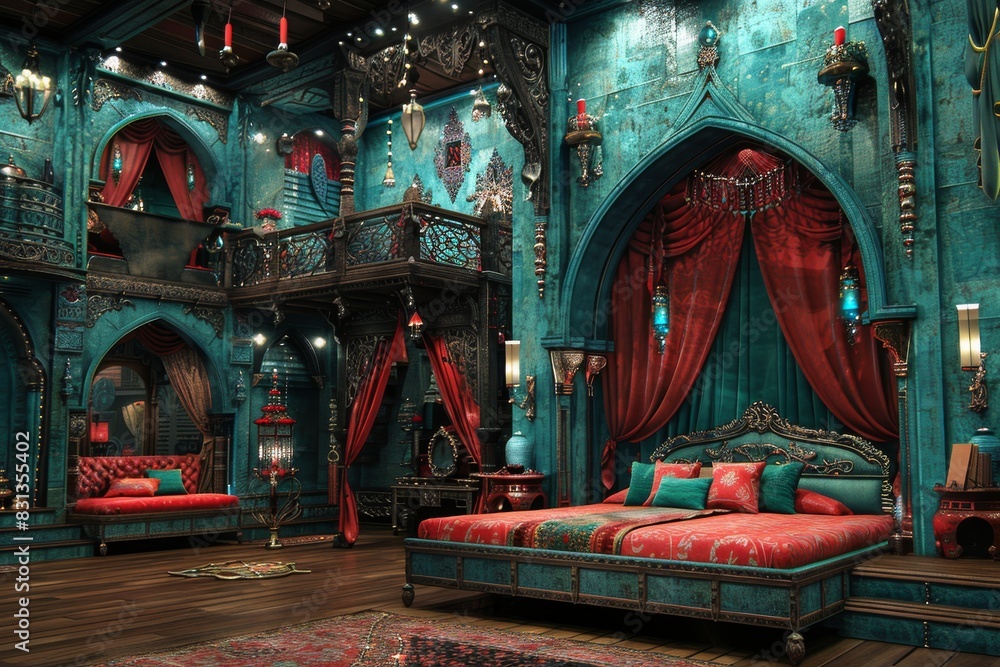 Gothic themed luxurious interior with dark and ornate decor, plush seating, and a dramatic atmosphere, perfect for a unique and opulent setting