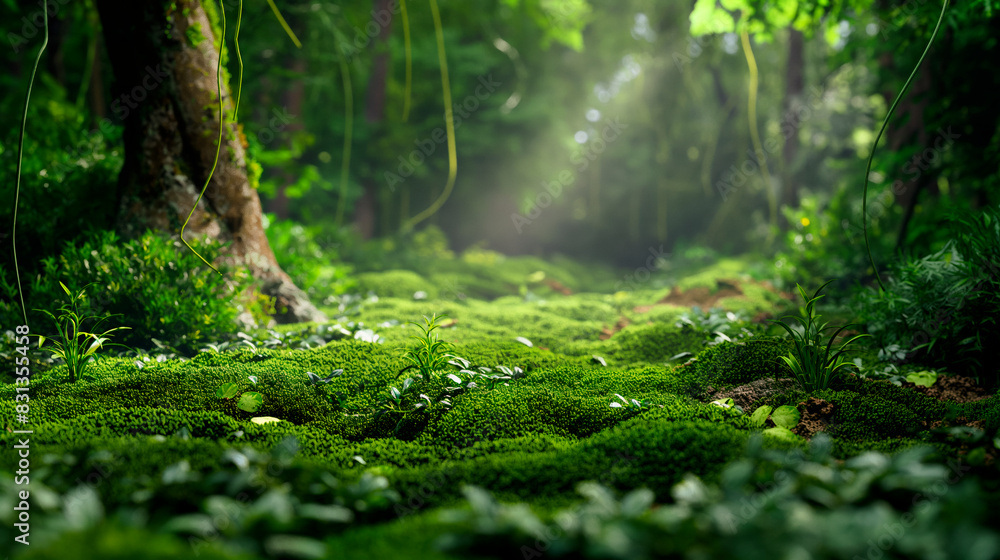 Trees in a forest with mossy ground and vines. A forest during a heavy rain in backlight Trees in a forest with mossy ground and vines. A forest during a heavy rain in backlight