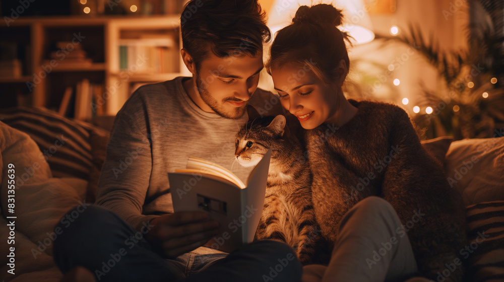 Couple Reading Book with Cat by Candlelight Indoors Couple Reading Book with Cat by Candlelight Indoors