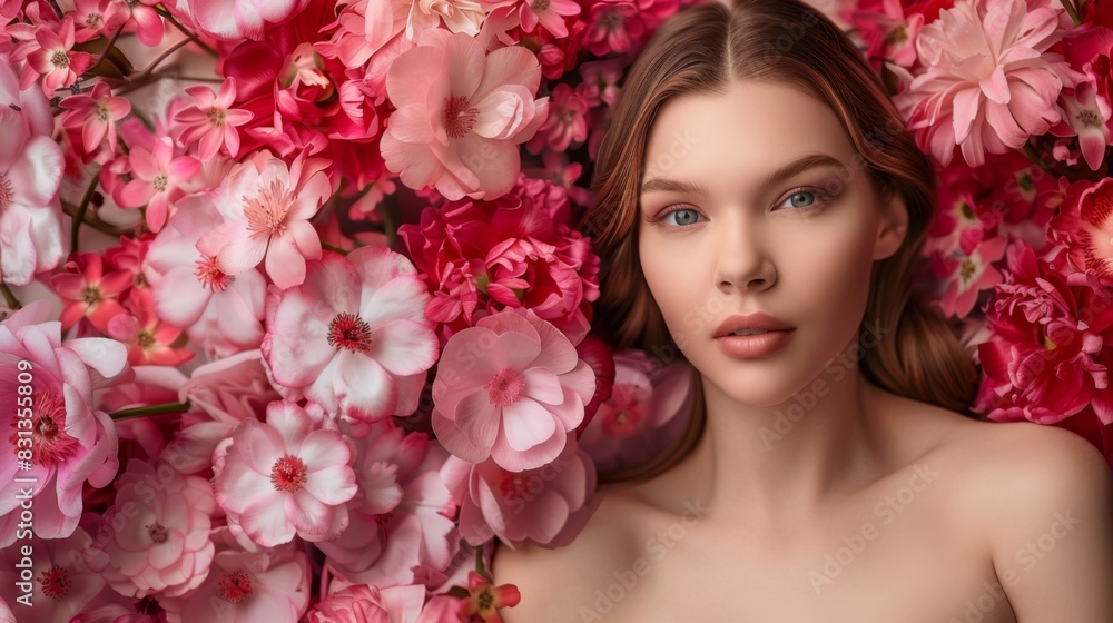 Feminine Elegance A Beautiful Caucasian Woman Posing in a Studio with a Background of Lovely Pink and Red Floral Flowers Feminine Elegance A Beautiful Caucasian Woman Posing in a Studio with a Background of Lovely Pink and Red Floral Flowers