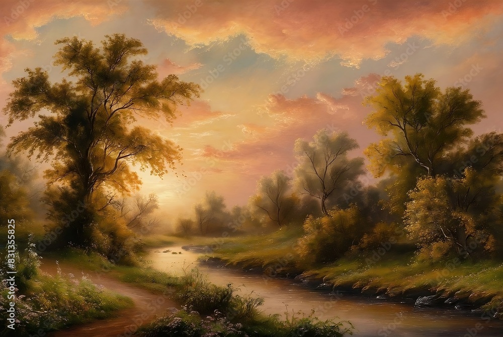 sunset in the forest and river sunset in the forest and river