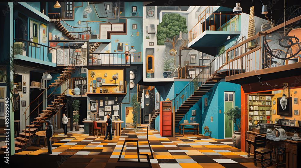 A painting of a room with stairs and stairs, Dual Ascent: Artistic Rendering of Room with Twin Stairs