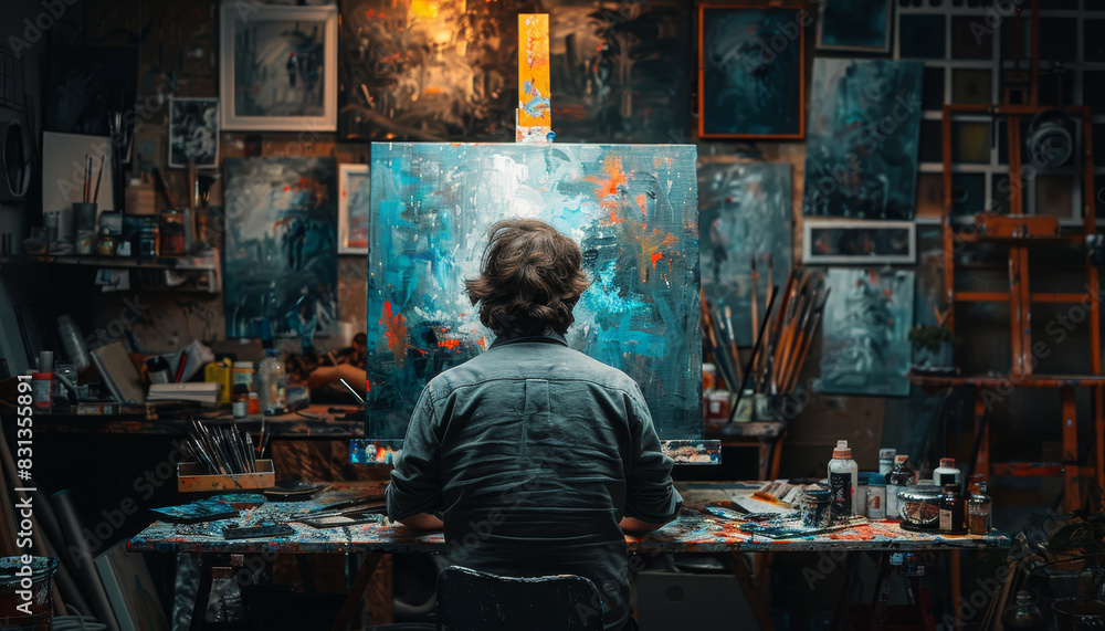 A robot is sitting in front of a painting of a woman by AI generated image A robot is sitting in front of a painting of a woman by AI generated image