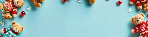 Baby kids toy frame background featuring a mix of cuddly ginger and apricot teddy bears, each in colorful Christmas sweaters decorated 