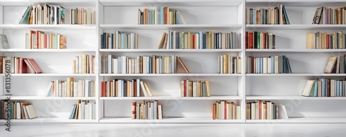 A large white built-in bookshelf filled with a variety of books, including hardcovers, paperbacks, and textbooks