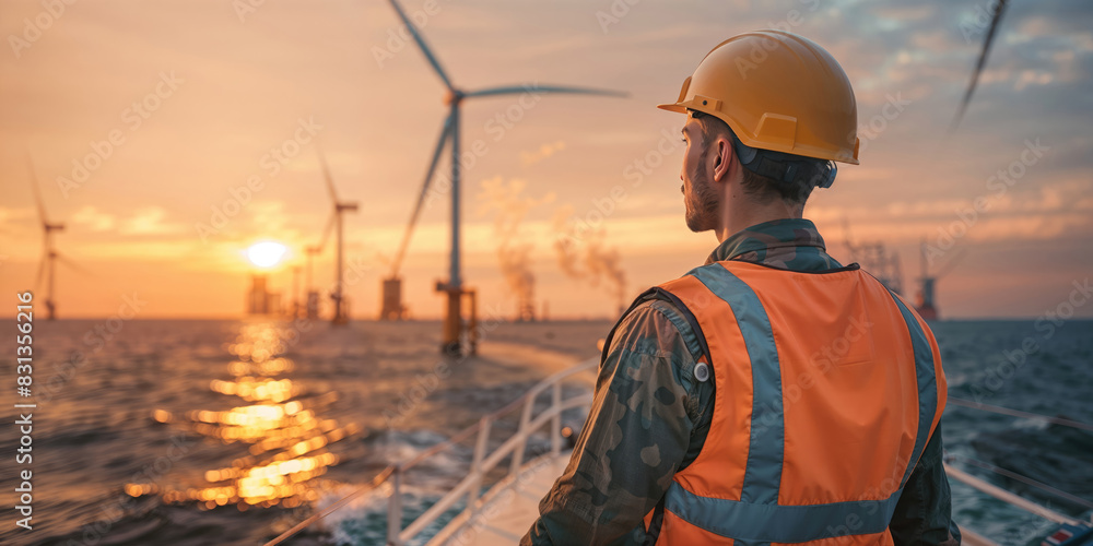 Worker observing wind turbines at sea