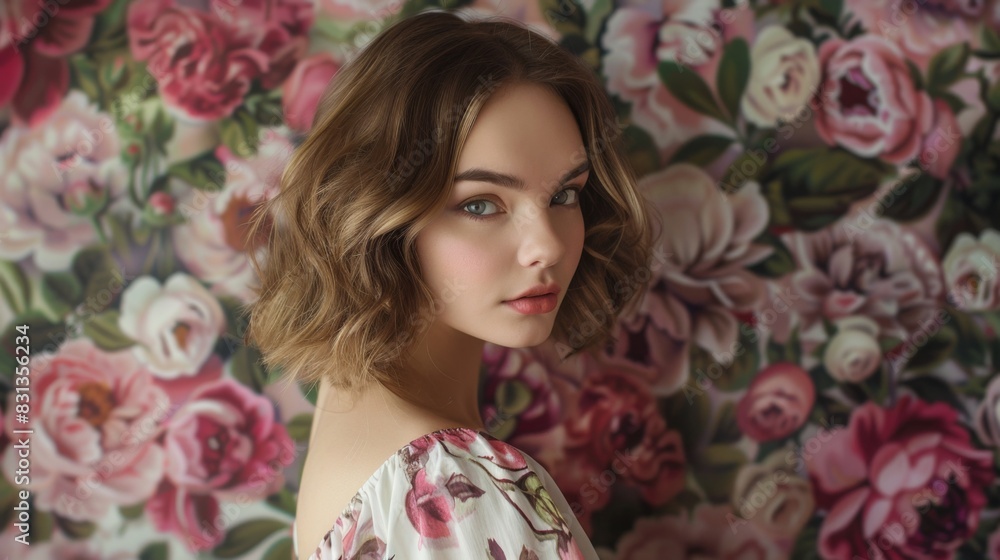 Feminine Elegance A Beautiful Caucasian Woman Posing in a Studio with a Background of Lovely Pink and Red Floral Flowers