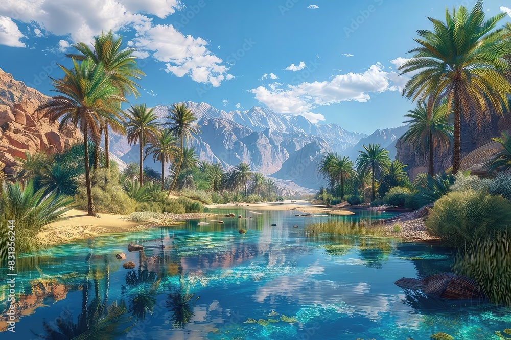 Obraz premium A lush oasis in the middle of a desert, with palm trees and a clear blue pond reflecting the sky, vibrant colors, photorealistic style,