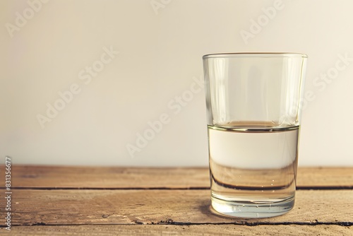 Glass Half Full of Water on Old Wooden Table with Neutral Background