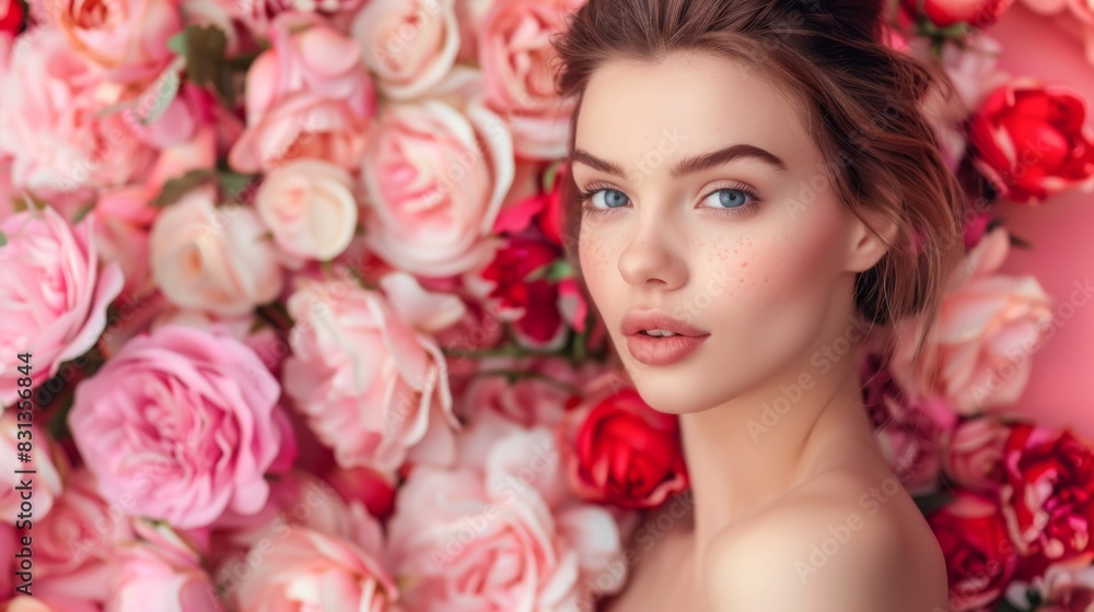 Feminine Elegance A Beautiful Caucasian Woman Posing in a Studio with a Background of Lovely Pink and Red Floral Flowers Feminine Elegance A Beautiful Caucasian Woman Posing in a Studio with a Background of Lovely Pink and Red Floral Flowers