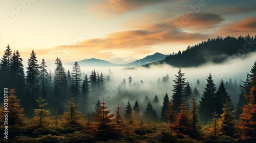 Misty mountain landscape with colorful sunrise and evergreen trees