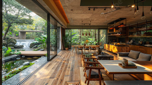 Natural green shade dining room of a house resort by river waterfall