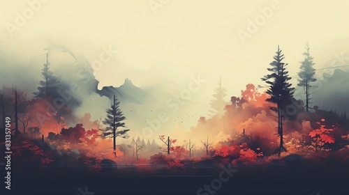 Silhouetted trees stand tall against a misty mountain backdrop, creating a sense of mystery and peace.