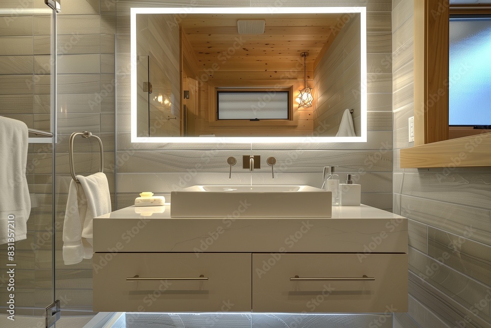 Contemporary bathroom with a floating vanity and backlit mirror. Contemporary bathroom with a floating vanity and backlit mirror.