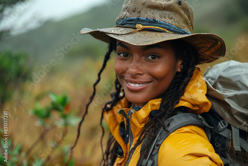 A woman hiking through a national park, smiling and enjoying nature.