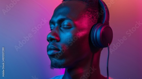 Handsome young black man wearing headphones, listening to music with closed eyes in neon light