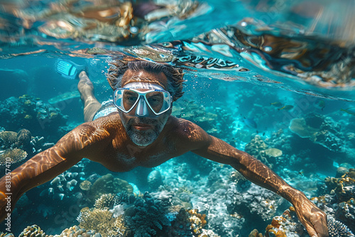 A man snorkeling in tropical waters, exploring marine life.