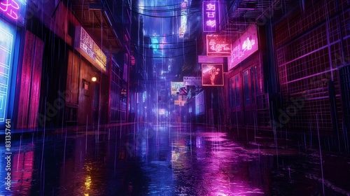 A glowing  neon-lit alleyway in a bustling city at night  with rain-soaked streets reflecting the vibrant colors against the dark  urban environment. 32k  full ultra hd  high resolution