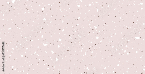 Abstract terrazzo flooring seamless pattern with pieces of granite, quartz, glass and stone on pink background. Ceramic, cement,  marble, mosaic floor texture. Chaotic scattered confetti backdrop