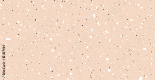 Abstract terrazzo flooring seamless pattern with pieces of granite, quartz, glass and stone on beige background. Ceramic, cement,  marble, mosaic floor texture. Chaotic scattered confetti backdrop