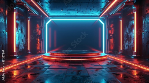 A futuristic space with a blue screen in the center