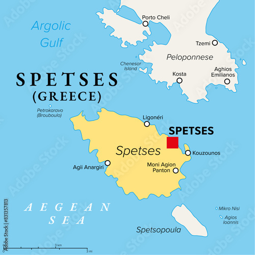 Spetses, Greek island, political map. Small island and municipality in the Aegean Sea, and part of the Saronic Islands, with the main town Spetses, and with the neighboring island Spetsopoula. Vector