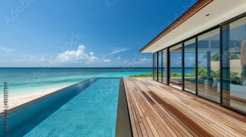 A luxurious beachfront villa with a sprawling wooden deck  infinity pool overlooking the ocean  and large glass doors opening to a pristine white sandy beach under a clear blue sky. 