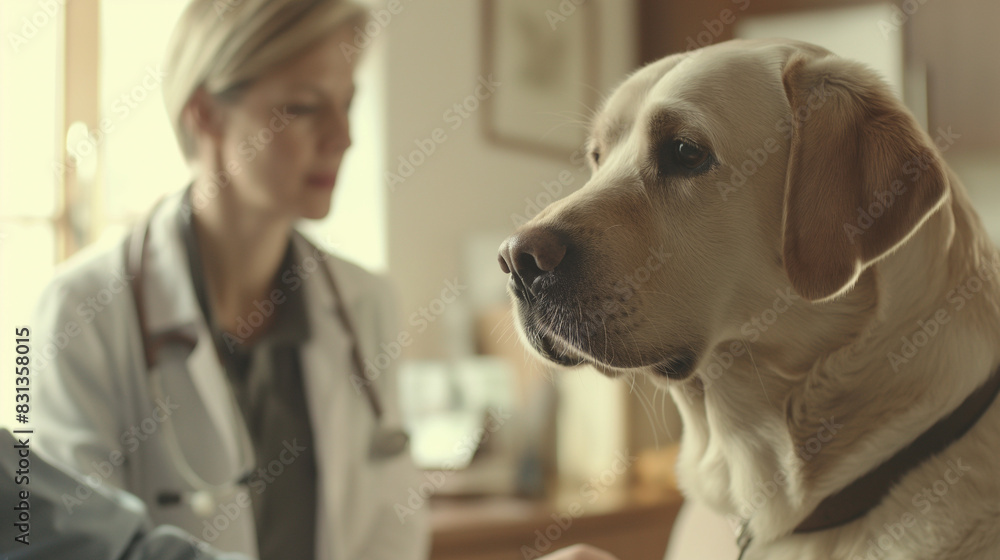 Veterinarian Examining Golden Retriever in Clinic Veterinarian Examining Golden Retriever in Clinic