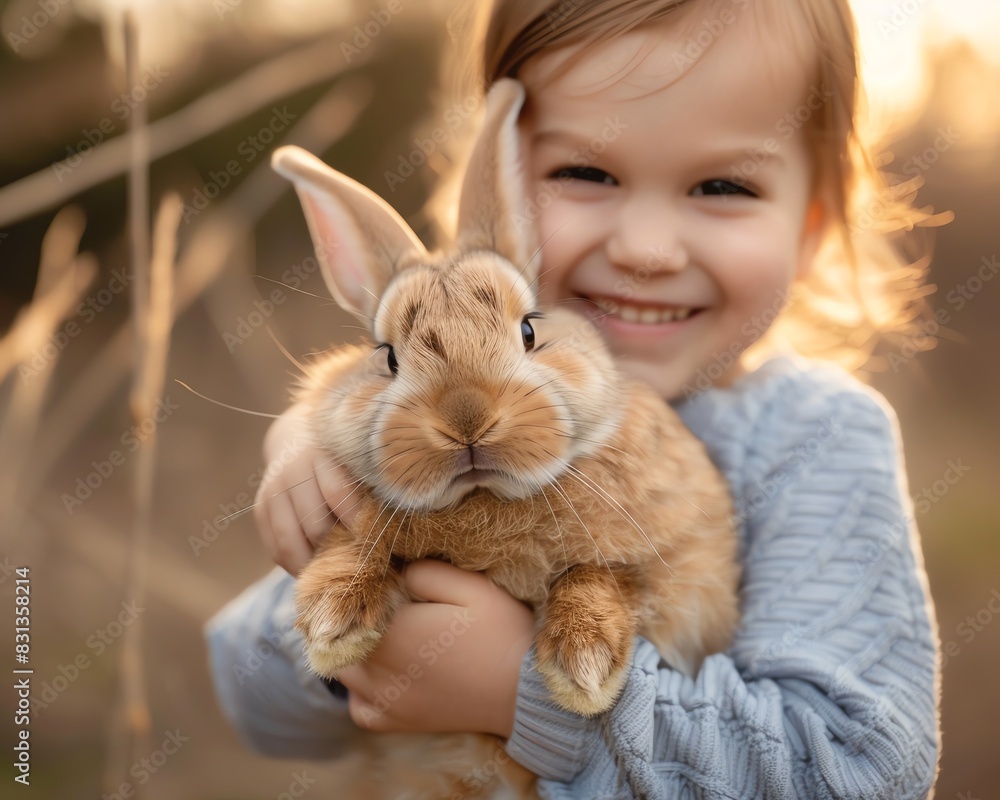 Adorable fluffy bunny with a twitching nose, held gently by a child showing a toothy grin, under soft afternoon light , high resolution DSLR Adorable fluffy bunny with a twitching nose, held gently by a child showing a toothy grin, under soft afternoon light , high resolution DSLR