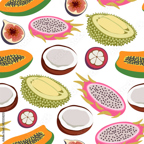 color isolated seamless pattern exotic fruits and berries in flat shape style in vector. template for backdrop textile wallpaper wrapping background print decor design