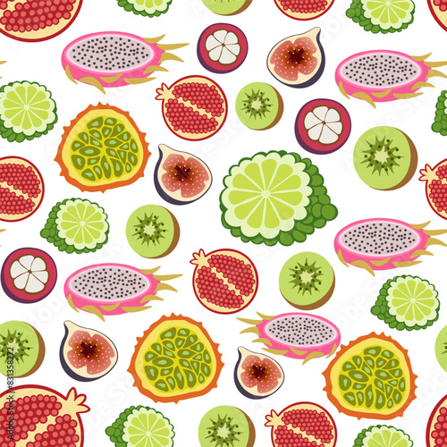 color isolated seamless pattern exotic fruits and berries in flat shape style in vector. template for backdrop textile wallpaper wrapping background print decor design