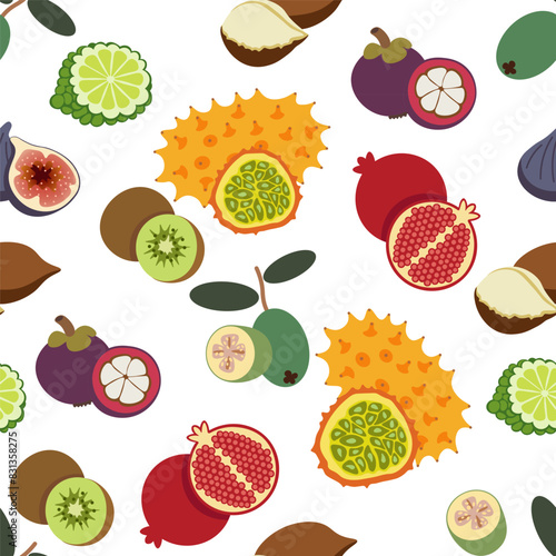 color isolated seamless pattern exotic fruits and berries in flat shape style in vector. template for backdrop textile wallpaper wrapping background print decor design